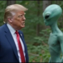 A blurry ominous footage capture of Donald Trump in the woods talking to an alien