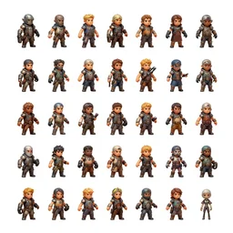 isometric character sprite sheet. small character sheet! characters! fallout npc, gouache, kitbash, arcane, overwatch, white background