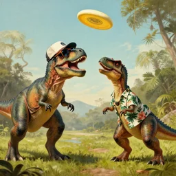 a tyrannosaurus wearing a backward baseball cap and sunglasses catching a frisbee thrown by a velociraptor wearing a hawaiian shirt, as painted by rembrandt