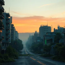 post - apocalyptic city streets at dawn covered by nature by beeple artgerm, gonsalves, amanda sage, bauhaus, pennington, bernardi, kinkade, elson, mcquarrie, lacoste, rhads, syd mead, masson, frank stella, zeitguist, reinaldo, pedro conti, dalmiro buigues, de souza, rut