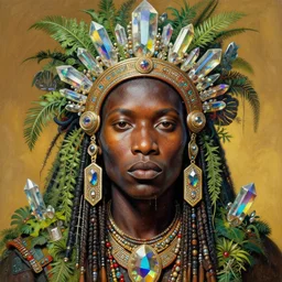 upper half portrait of retro futuristic african tribal chief - embellished with vegetation and iridescent crystals, art by cheng, hsiao - ron & alphonso mucha, colouring by zdzisaw beksinski, highly detailed, digital painting, airbrush, concept art, illustration, smooth sharp focus, intricate, symmetry, artstation, colourful,