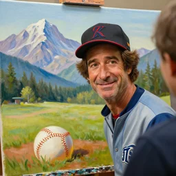 a closeup photorealistic photograph of bob ross kenny powers painting baseball on a canvas. mountains and trees. film still. brightly lit scene. this 4 k hd image is trending on artstation, featured on behance, well - rendered, extra crisp, features intricate detail, epic composition and the style of unreal engine.