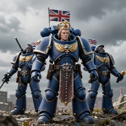 british uk space marines guarding the queen, warhammer, high detailed, photography, cloudy, uk, plain, detailed face, look into the distance, serious face, full body, professional photographer, masterpiece, 5 0 mm, extremely detailed, 8 k