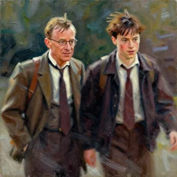 doc brown and marty mcfly, painting by phil hale, fransico goya,'action lines '!!!, graphic style, visible brushstrokes, motion blur, blurry, visible paint texture, crisp hd image