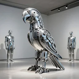 A propaganda, chrome mechanical parrot made from chrome tubes by moebius, by david lachapelle, by angus mckie, by rhads, by jeff koons, in a studio hollow