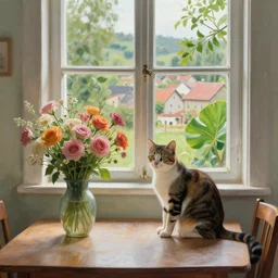 cat on the table, flowers in vase, window with plant, village, matte painting, hyper detailed by farah atassi