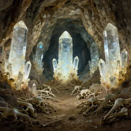 a cave with huge glowing crystals in the walls and piles of bones on the floor, art by donato giancola and greg rutkowski, symmetry
