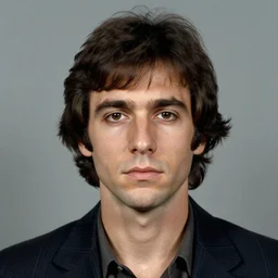 A mugshot portrait of a man who looks like Jerma985 with short length wavy hair and a slightly receded hairline and bangs, wearing mid 1980s menswear in the late 1980s, taken in the late 1980s, grainy, realistic, hyperrealistic, very realistic, highly detailed, very detailed, extremely detailed, detailed, trending on artstation, front facing, front view, headshot and bodyshot, detailed face, very detailed face