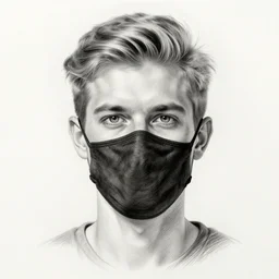professional pencil sketch of a young adult man with short blonde hair wearing a black face mask a striped long-sleeved shirt and ripped skinny jeans, high quality, HD, 8K, highly detailed, award-winning