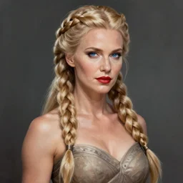artistic portrait of a confident and mature looking northern blond valkyrie with extremely long braided hair, beautiful blue eyes and red lips, perfect fit body, art by artgerm and greg rutkowski and magali villeneuve, highly detailed, digital painting, trending on artstation, concept art, sharp focus, illustration, masterpiece
