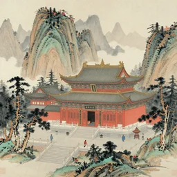 chinese buddhist temple amidst the mountains, traditional chinese painting,