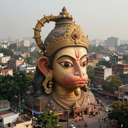 hyperrealistic dreamscape! mumbai with biomorphic hanuman!! head building, kalighat, octane highly detailed, cinematic smooth, stephen shore & john j. park, soft morning light, wide shot, high angle, uhd 8 k, deep focus