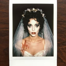 an instant photo of a beautiful but sinister bride of frankenstein in layers of fear, with haunted eyes and curly hair, 1 9 7 0 s, seventies, delicate embellishments, a little blood, crimson, painterly, offset printing technique, mary jane ansell
