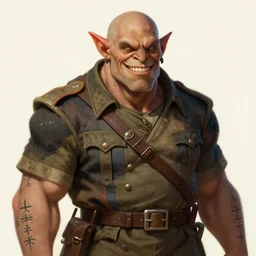 1 9 th century style portrait of a half orc with a bemused fanged smile on his face. dressed in a patchwork military uniform jacket with cut sleeves, runic arm tattoos, sharp focus, illustration, digital painting, art by magali villeneuve