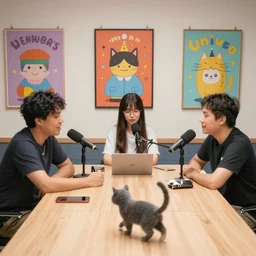 three people talking in a podcast studio, cartoonish, posters on the walls, cat walking on the table