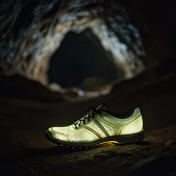 a glowing shoe is sitting in a dark cave, clear focus, bokeh effect, high res, hasselblad, dslr, professional, cinematic