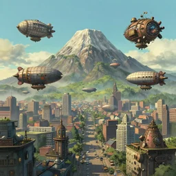 illustrative art of various small steampunk airships flying around the city by Mattias Adolfsson, Downtown Battle Mountain in a studio ghibli aesthetic, Mountain by Craig Mullins, Rendered in Octane, cinematic, Highly Detailed