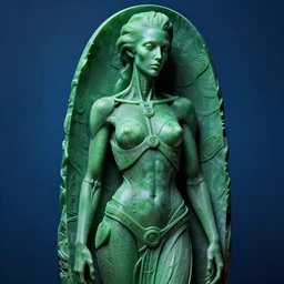 carved human figure in high fashion, in the style of beksinski, solarpunk, exact anatomy, atmospheric, clean, intricate and epic composition, green by caravaggio, insanely quality, highly detailed, masterpiece, blue light, artstation, 4 k