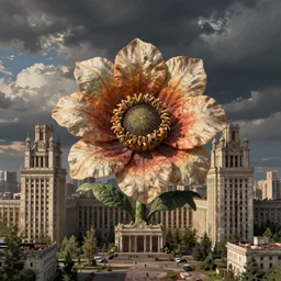 giant grotesque flower in the middle of abandoned post soviet constructivist cityscape, Stalinist architecture, ultradetailed by Hayao Miyazaki and Josan Gonzalez and Makoto Shinkai and Giuseppe Arcimboldo