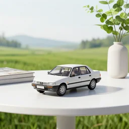 a small miniature of a Peugeot 309 1992 on a white table near a book and a vase with a plant, 3d render, octane render, unreal engine 5, path tracing, serene landscape, calm, relaxing, beautiful landscape, highly detailed, high quality, 4k, symmetrical, low contrast, centered