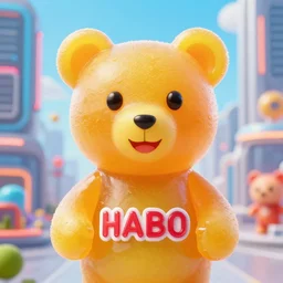 portrait of haribo bear in future city, color and shape focus,