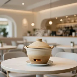 photograph of one cafe de olla in a white restaurant, cinematic lighting high bokeh in an upscale modern location