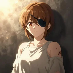 Erika from Umineko but short hair with eyepatch, wounded, visual novel sprite, character design, anime art