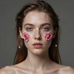 meredit frampton style hight focus of a wonderful realistic wonderful symmetrical portrait of a lady with a clear skin made of roses, one flash on sx, one flash dx, rembrandt mood, cinematic, artstation, octane render 8 k s 4