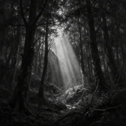 digital and traditional art painting of ethereal plane with forest and mountainside, black and white, sharp, muted hint of colour, high detail, textured, by caestrad, dark background, unsettling, mystic, perfect lighting, high contrast, arstation, chris cold, artgerm, golden ratio, hard blacks, lightrays
