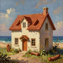 oil painting of a house made of cheetos, beach in the background, rococo style, in the style of antoine watteau, johann baptist zimmerman, extremely detailed