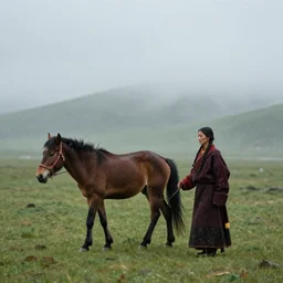 stormy, rainy, misty, a woman in a tibetan robe leading a horse walking on the grassland, by craig mullins