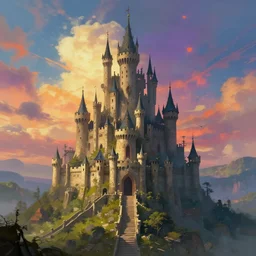 the tiny castle of doom in the background, art by greg rutkowski, digital art, trending on artstation, symmetry!!, epic composition, wide angle shot, colorful skies