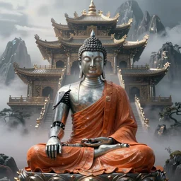 a detailed robotic cyberpunk buddha with an orange robe, mystic atmosphere, a detailed metallic temple on a misty mountain, shiny reflections volumetric fog, perspective painting, atmospheric shot, cinematic establishing shot, in the style of greg rutkowski, artstation,