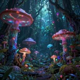 Highly detail wide angle photo, of Aliens with psychedelic mushrooms, Dark Neon colored Rainforest, by Android Jones, octane render trending on Artstation 8k