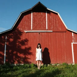 a young woman in the shadow! of a red barn!. black hair, white! dress, sharp focus, wide angle, trending on artstation