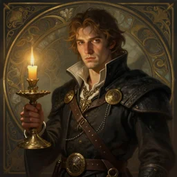 a mind - blowing portrait of a fortune seeker male, holding a candle holder, wearing dark maritime clothing, intelligent, deep focus, d & d, fantasy, intricate, elegant, highly detailed, digital painting, artstation, concept art, matte, sharp, illustration, hearthstone, art by artgerm and greg rutkowski and alphonse mucha