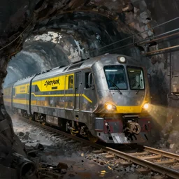 cyberpunk locomotive on railroad through underground caverns. digital render. digital painting. beeple. noah bradley. cyril roland. ross tran. trending on artstation.