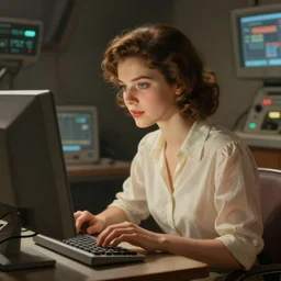 portrait of a woman programming a computer, retro science fiction vintage art