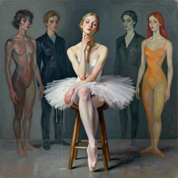 portrait of a morphed ballerina on a stool thinking by james jean and luc tuymans and hernan bas and pat steir and hilma af klint, psychological, dripping paint, high quality render, masterpiece