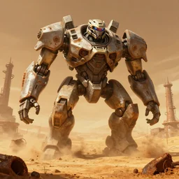 a colossal mech that has died and is being overtaken by dirt and sand and rust in a desert inspired ilm, beeple, star citizen halo, mass effect, starship troopers, elysium, iron smelting pits, high tech industrial, warm saturated colours