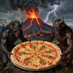masked demons grabbing a large pizza!!!, in the background is a volcano spewing lava and black smoke, streams of glowing hot lava, flashes of lightning in the distance. wide angle, long shot, an ultrafine detailed painting by albrecht durer, deviantart, pop surrealism