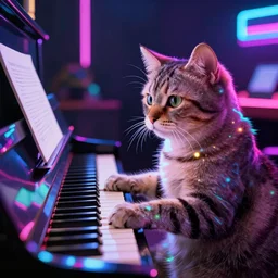 cat [ playing a piano ], [ synthwave art style ]!!, trending on cgsociety, neon art style, [ bioluminescent colors ]!!, 4 k photorealism