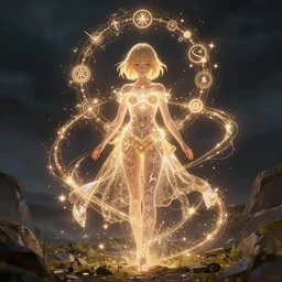 a cute sorceress with short blonde hair, with many detailed sigils made of magical energy orbiting in circles around her body, full body shot, fantasy anime, dramatic lighting
