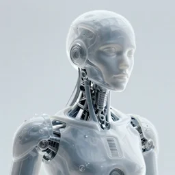 a portrait of a cybernetic mech made of frosted glass, scifi, smooth, intricate sci fi panels made of metal, elegant, highly detailed panel cuts, greeble detail, caustics and refraction, neon glowing eyes, digital painting, artstation, concept art, high tech fantasy, sharp focus, illustration, art by marco plouffe arstation and Riot Studios and Blizzard Studios