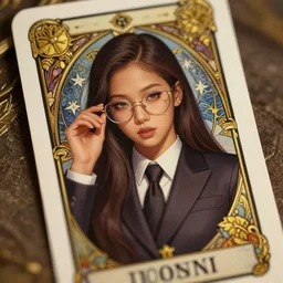 jossi of blackpink, wearing glasses, wearing a suit, tarot card, deep focus, d & d, fantasy, intricate, elegant, highly detailed, digital painting, artstation, concept art, matte, sharp focus, illustration, hearthstone, art by artgerm and greg rutkowski and alphonse mucha