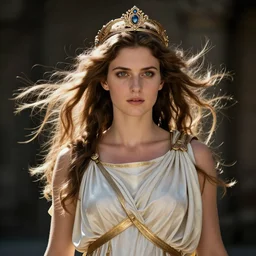 three-quarters length photogaph of a Helen of Troy, wearing a diadem, her hair blowing in the wind, dramatic lighting, Carl Zeiss 135mm