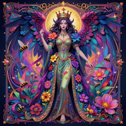 hyper detailed ultra sharp of a beautiful azazello is one of the demonic and mystical characters in the work, a negative character in biblical stories, a fallen angel who opposed the will of god. trending on artstation, vaporwave aesthetic, synthwave, colorful, psychedelic, crown, long gown, flowers, bees, butterflies, ribbons, ornate, intricate, digital painting, concept art, smooth, sharp focus, illustration, art by artgerm and greg rutkowski and alphonse mucha, 8 k