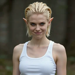 realistic photograph. cute but dangerous female halfling thief. crooked, cocky smirk. slicked gelled back short butch hairstyle. paleblonde hair, fair complexion, icy blue eyes. face like amber heard, angular, feminine, pretty, mischievous. young ectomorphic fit. utilitarian fitted white tanktop. photogrphic realism.