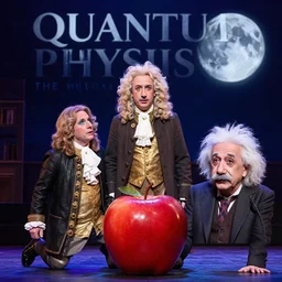 quantum physics the musical on broadway, with isaac newton, albert einstein, the apple and the moon