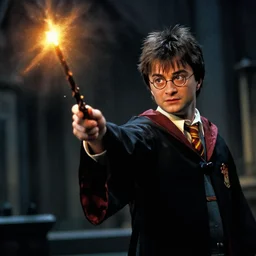 Harry Potter casting Bombarda Maxima with the eldar wand, dramatic scene, cinematic